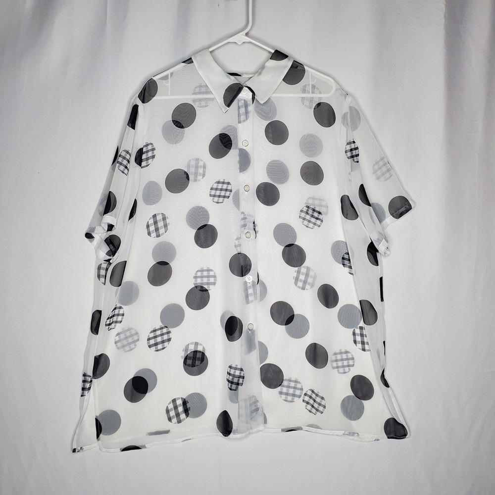 Sheer White Button-Up Blouse with Black Polka Dots